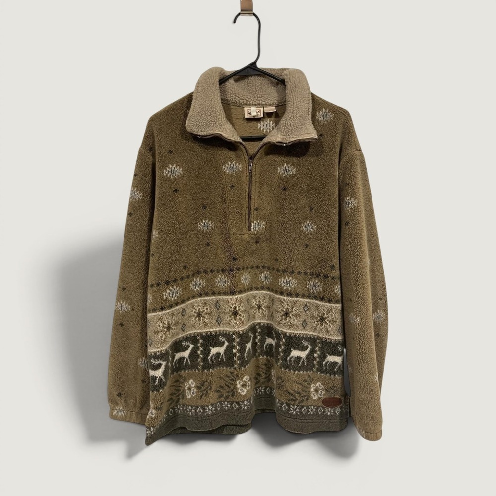 Woolrich Jacket Womens Medium Brown Fleece 1/4 Zip Deer Fair Isle Ski Made USA